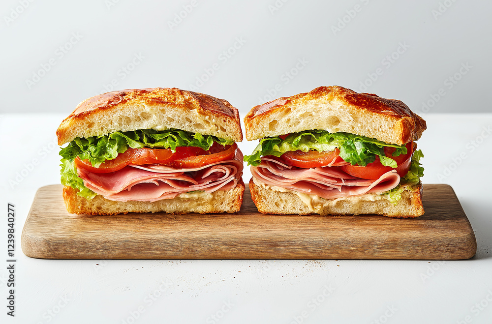 Ciabatta Sandwich with Lettuce, Tomatoes, Ham and Cheese cut in half Ciabatta Sandwich with Lettuce, Tomatoes, Ham and Cheese cut in half