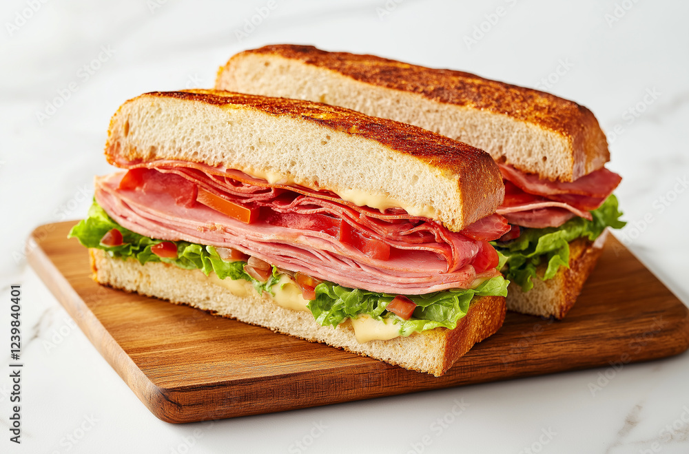 Ciabatta Sandwich with Lettuce, Tomatoes, Ham and Cheese cut in half Ciabatta Sandwich with Lettuce, Tomatoes, Ham and Cheese cut in half
