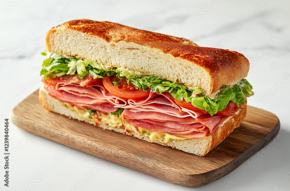 Ciabatta Sandwich with Lettuce, Tomatoes, Ham and Cheese cut in half Ciabatta Sandwich with Lettuce, Tomatoes, Ham and Cheese cut in half