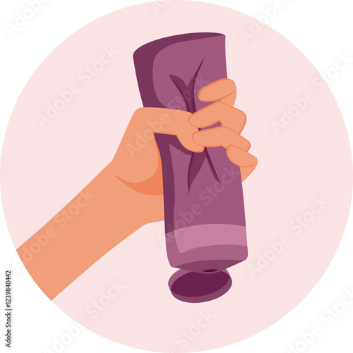 Hand Squeezes Cream From Container Vector Cartoon Illustration. Person applying pressure to squeeze out cosmetic product 
