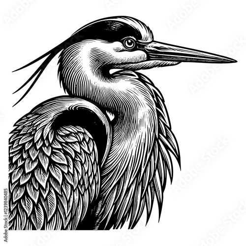 stork portrait sketch engraving black and white outline. Scratch board imitation.
