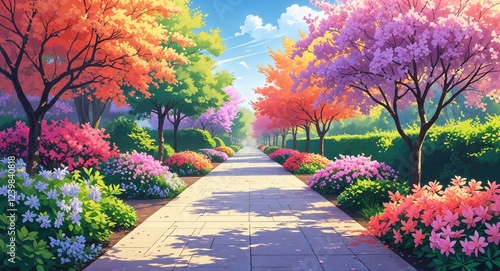 Bright sunny walkway lined with blooming azaleas and fresh spring air illustration