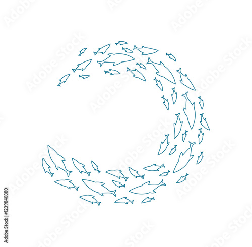 outline fish school pattern. Silhouette of many aquatic creatures swimming together. Ocean life concept, doodle style, suitable for summer projects and marine illustrations.