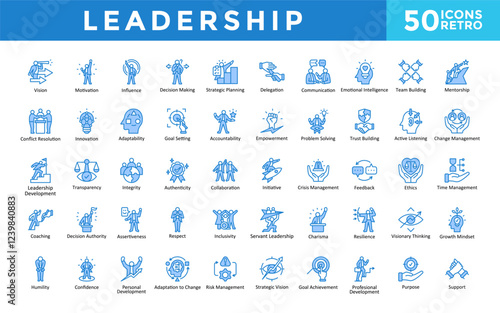 Leadership icons set with vision, motivation, influence, decision making, strategic planning, delegation, communication, emotional intelligence, team building icon. Simple retro vector 
