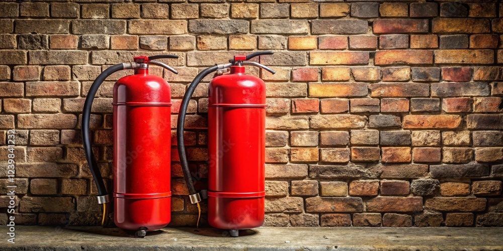 Red Fire Extinguishers on Brick Wall - Safety Equipment Stock Photo Red Fire Extinguishers on Brick Wall - Safety Equipment Stock Photo