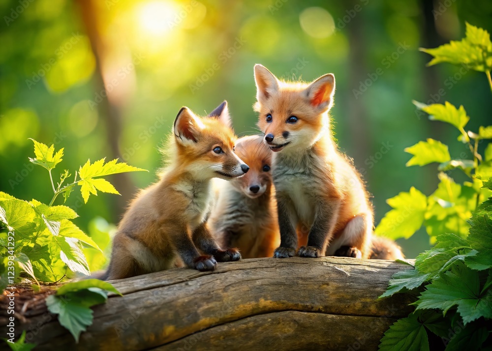 Obraz premium Red Fox Kits Summer Fun: Playful Cubs Gamboling on a Log