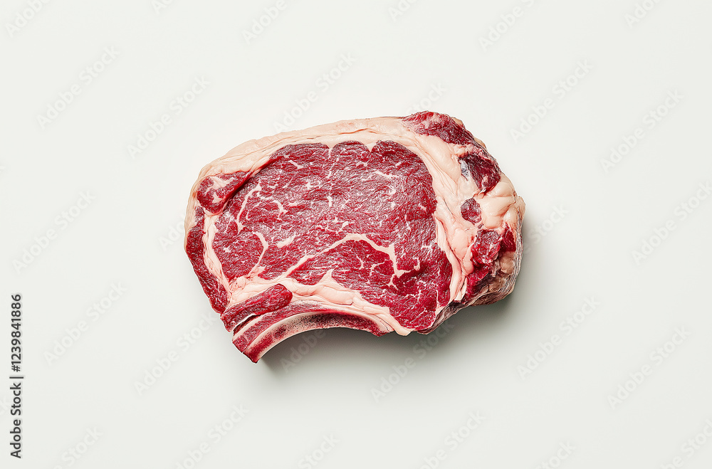 A single, raw beef steak is isolated on a white background. It has a marbled appearance with a significant amount of fat. A single, raw beef steak is isolated on a white background. It has a marbled appearance with a significant amount of fat.