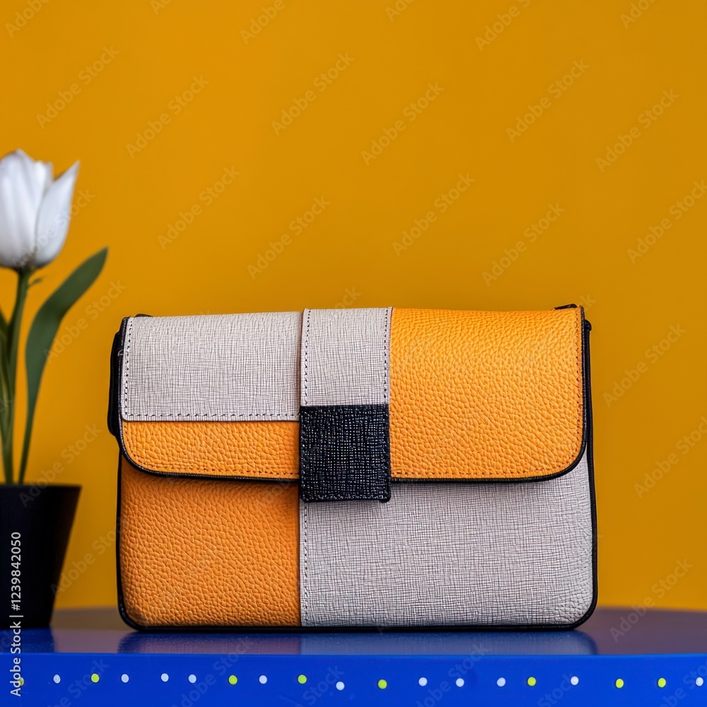 Obraz premium Stylish Women s Leather Handbag Yellow Beige Patchwork Design Fashion Accessory
