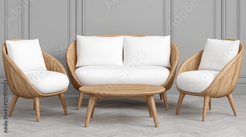 Wallpaper Mural A modern seating arrangement featuring a sofa and two chairs with a wooden table. Torontodigital.ca