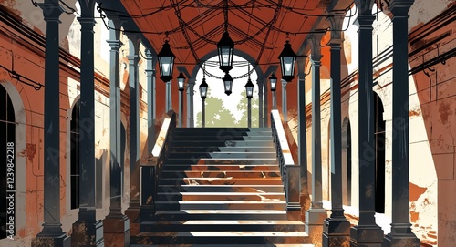 High ceilinged passage with lanterns hanging from metal chains and worn stone steps leading down illustration
