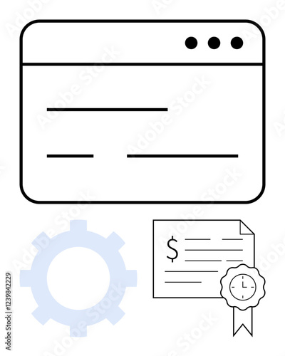 Web page layout with three navigation buttons, gear symbol, financial document with certification badge. Ideal for website design, technology, finance, certification, business processes, user