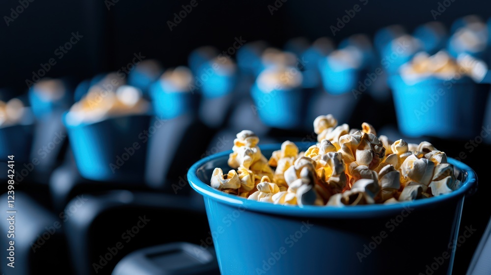 A close-up of blue popcorn buckets filled with popcorn in a cinema setting. A close-up of blue popcorn buckets filled with popcorn in a cinema setting.