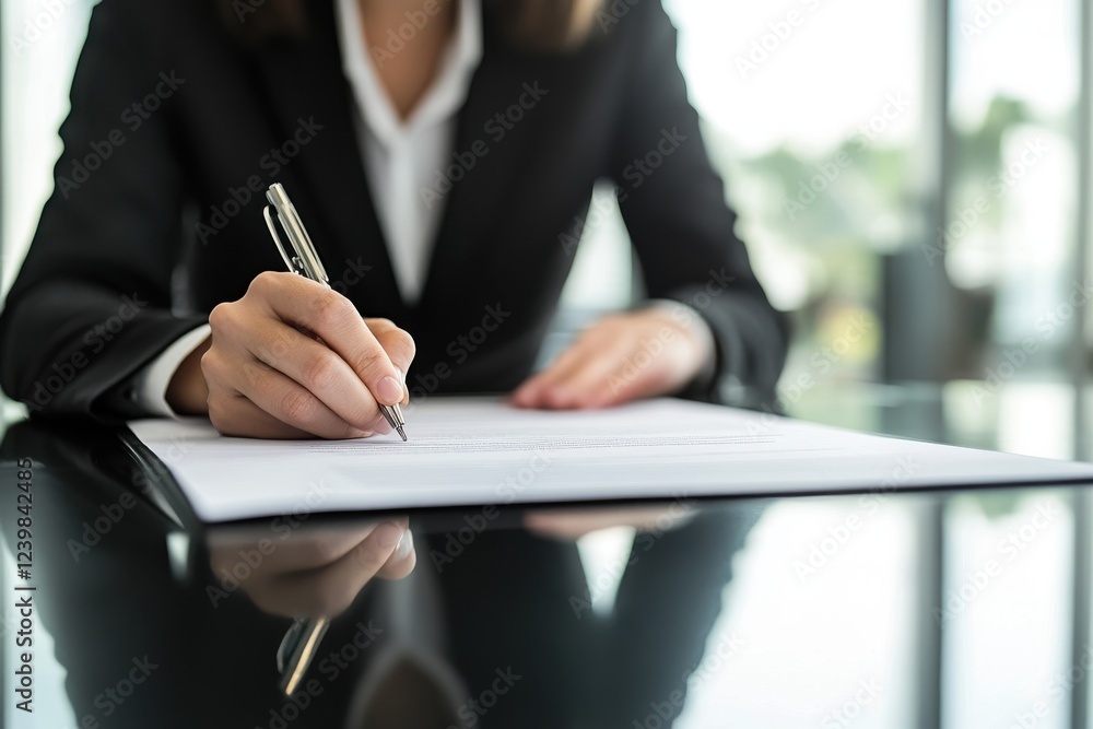 A woman is writing on a piece of paper with a pen. Generative AI A woman is writing on a piece of paper with a pen. Generative AI