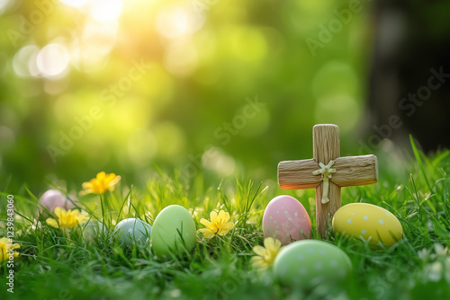 Wallpaper Mural easter cross and colored easter egg on green grass spring background Torontodigital.ca