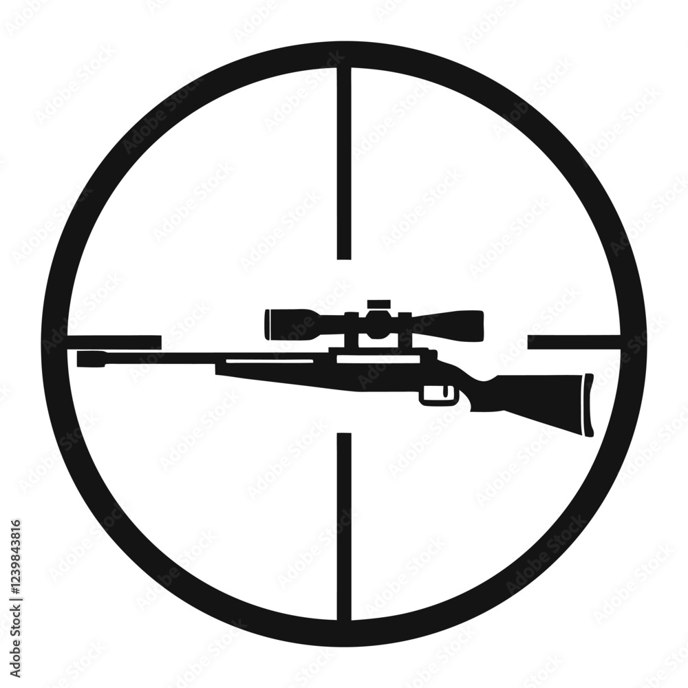 Naklejka premium Black silhouette of a sniper rifle inside a crosshair scope, vector illustration of a firearm targeting symbol isolated on white background for military, hunting, and shooting-related designs