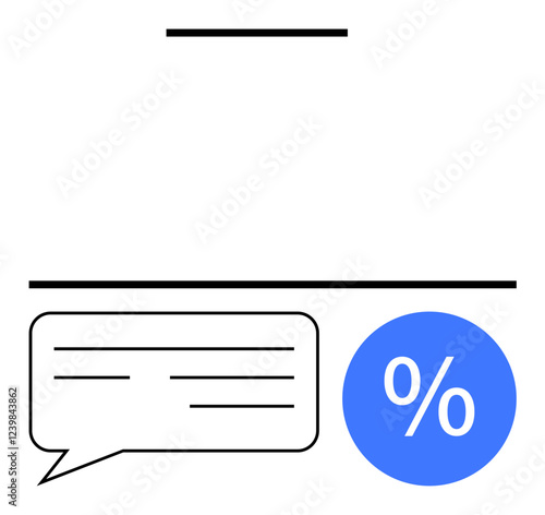 Speech bubble with lines of text and blue percentage circle. Ideal for promotions, discounts, communication, marketing, advertising, sales, announcements customer engagement. Abstract line flat