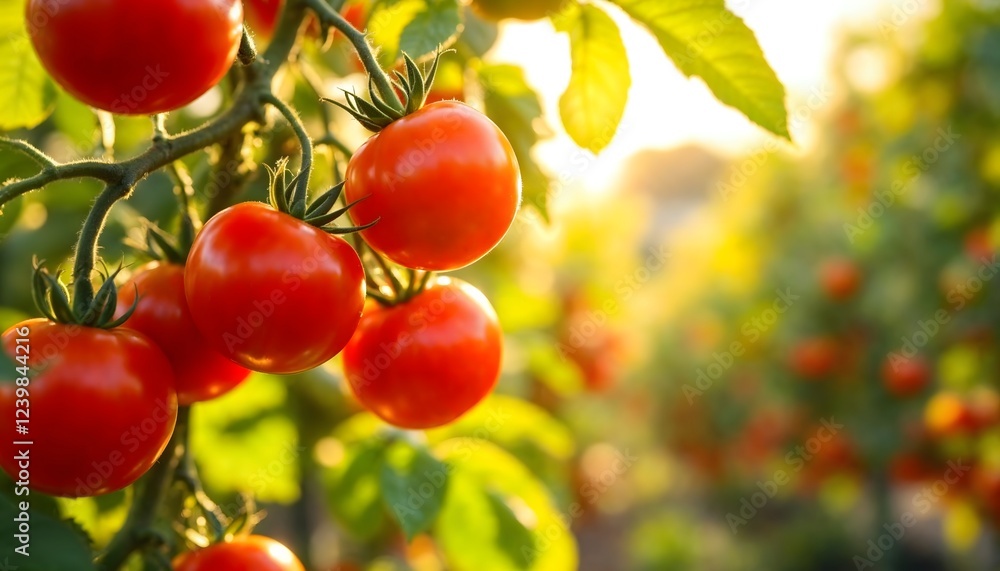 Ripe red tomatoes growing on a vine, bathed in the warm glow of sunset, showcasing the beauty of fresh produce. Ripe red tomatoes growing on a vine, bathed in the warm glow of sunset, showcasing the beauty of fresh produce.