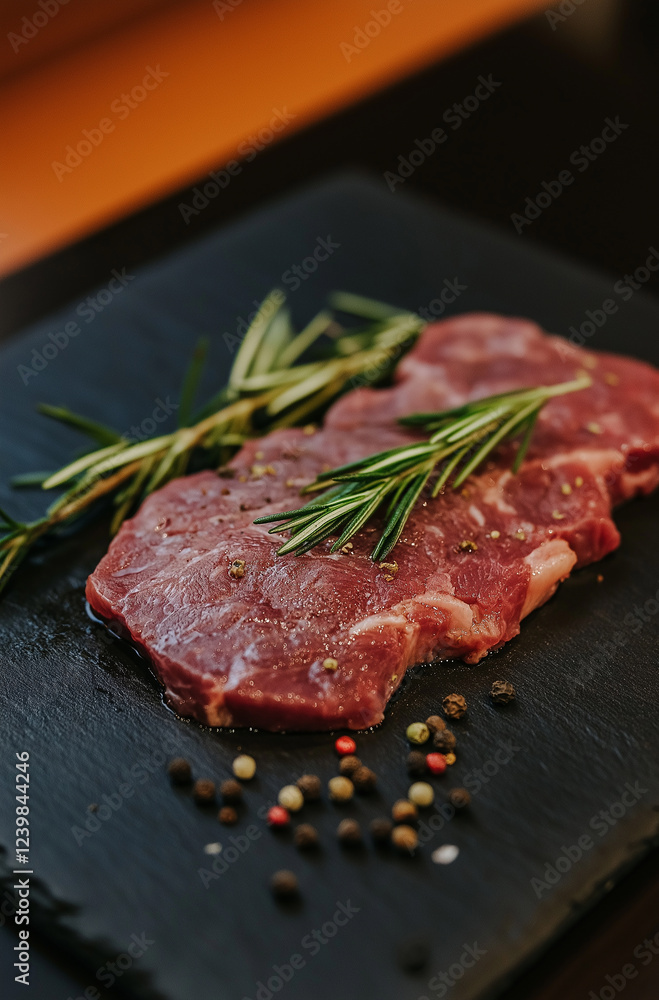 Raw Steak Ribeye. On a black stone table. Top view. Free space for your text. Raw Steak Ribeye. On a black stone table. Top view. Free space for your text.