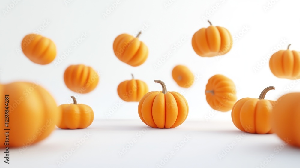 Floating pumpkins, autumn harvest, white background, Halloween decoration Floating pumpkins, autumn harvest, white background, Halloween decoration