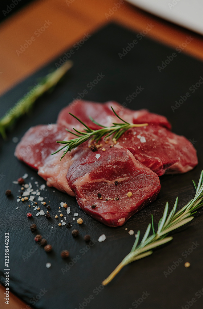 Raw Steak Ribeye. On a black stone table. Top view. Free space for your text. Raw Steak Ribeye. On a black stone table. Top view. Free space for your text.