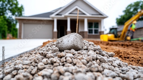 Construction site with gravel and a new house in the background.