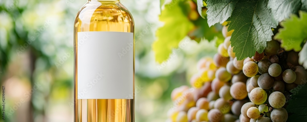 Fototapeta premium Flat white label applied to a clear bottle in a bright vineyardinspired setup