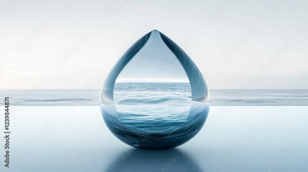 Obraz premium 9.An artistic representation of a giant glass droplet placed on a still surface, resembling a water mirror. Its transparency reveals a serene underwater scene inside, framed by a soft blue gradient