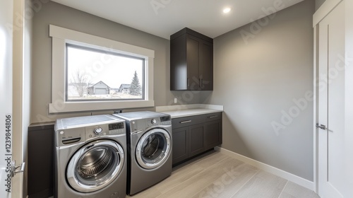 Modern Laundry Room Design with Gray Walls and Stainless Steel Appliances photo