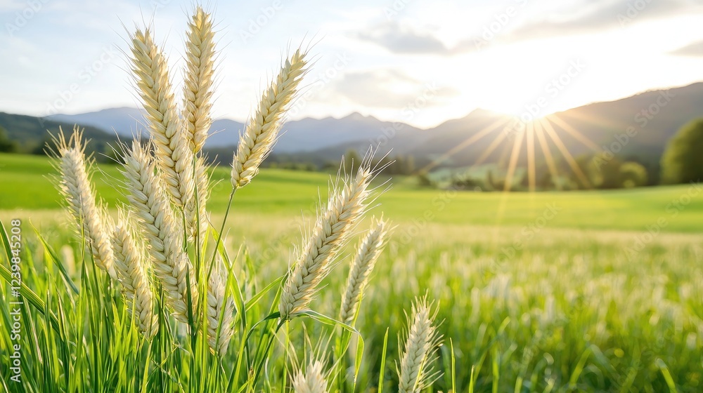 Golden wheat field sunset mountains background, farming agriculture Golden wheat field sunset mountains background, farming agriculture