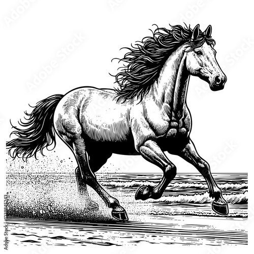 Horse running up engraving black and white outline. Scratch board imitation.  illustrated in vintage line art style on a white background.
