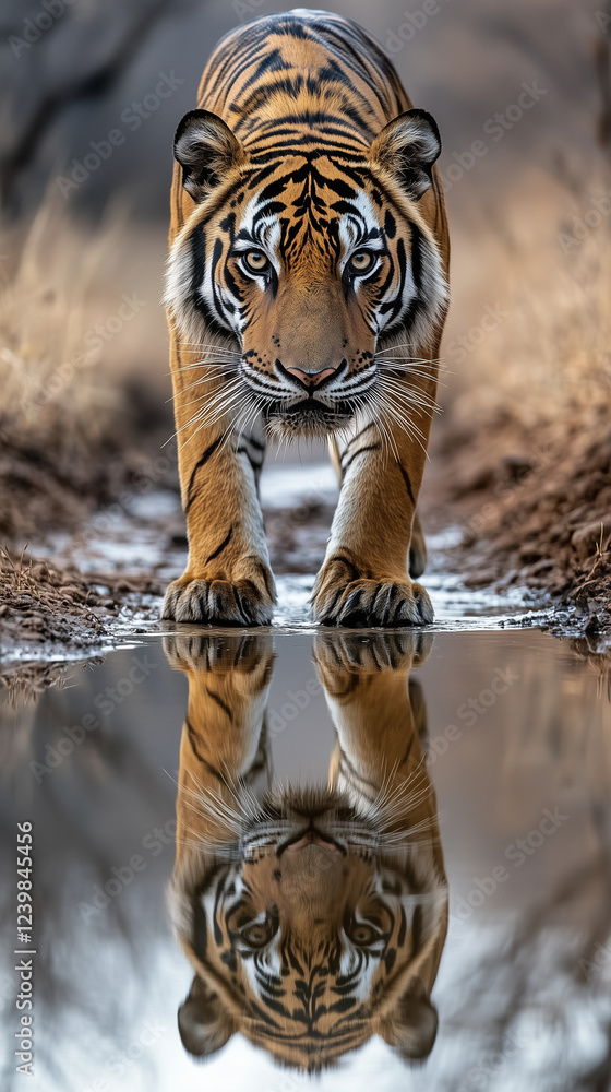 Fototapeta premium strong and ferocious tiger standing on the bank, with a clear reflection of the tiger on the water surface