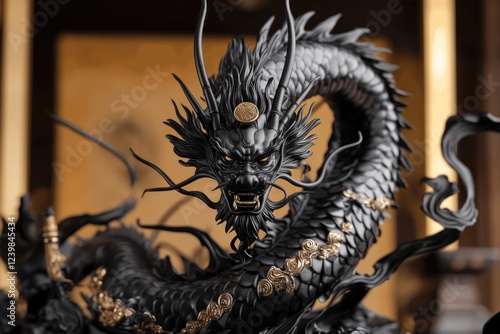 Majestic Black Dragon Statue with Gold Accents photo