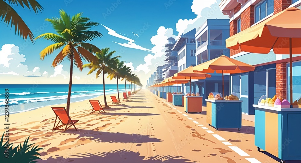 Obraz premium Sandy beach road lined with beach umbrellas and ice cream stands illustration
