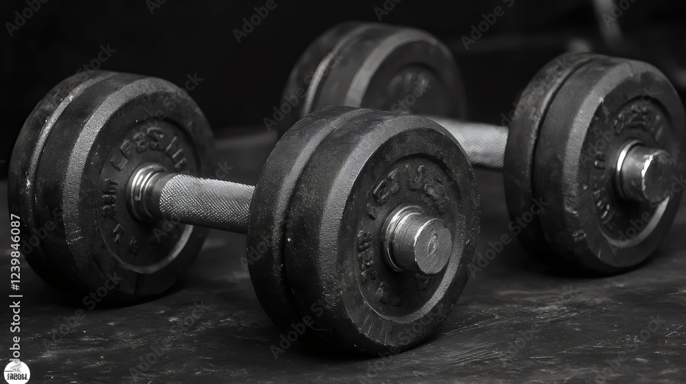 Naklejka premium Two black dumbbells with a silver handle
