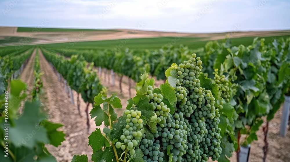 A lush vineyard with clusters of green grapes under a cloudy sky. A lush vineyard with clusters of green grapes under a cloudy sky.