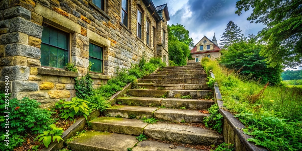 Rustic Charm: Old School Steps on Hillside - Candid Photo Rustic Charm: Old School Steps on Hillside - Candid Photo