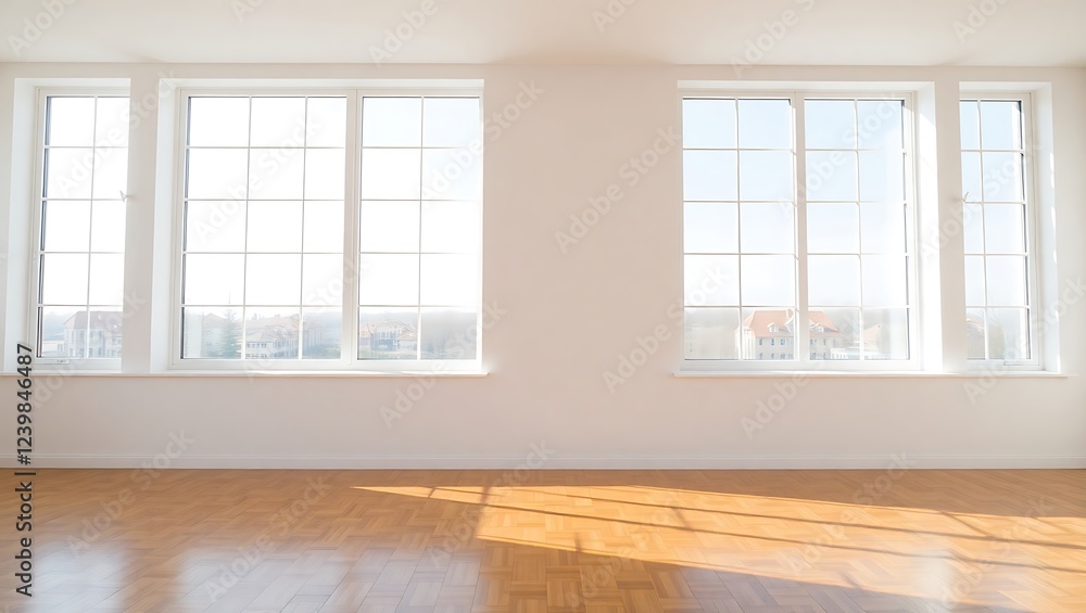 Minimalist Interior Design: Empty Room with Wood Floor and Large Windows Minimalist Interior Design: Empty Room with Wood Floor and Large Windows