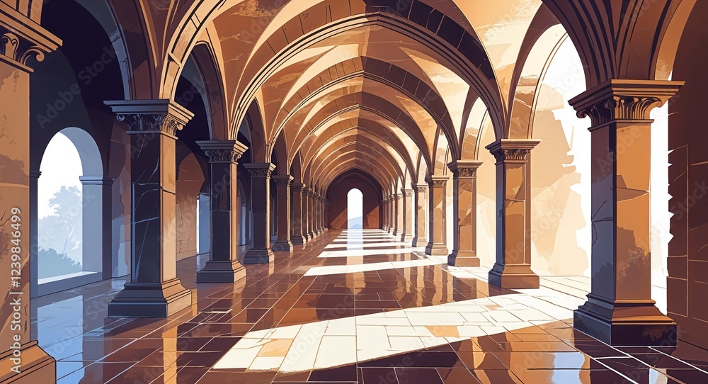 Fototapeta premium Spacious corridor with high vaulted ceilings supported by massive stone arches illustration