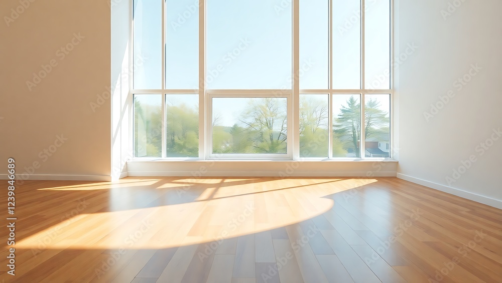 Fototapeta premium Minimalist Interior Design: Empty Room with Wood Floor and Large Windows