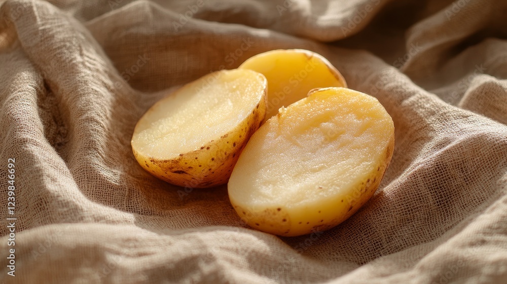 Potato slice with golden skin on neutral linen Potato slice with golden skin on neutral linen