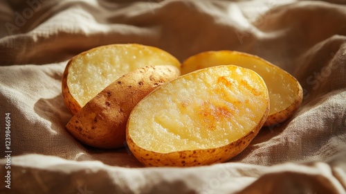 Wallpaper Mural Potato slice with golden skin on neutral linen Torontodigital.ca