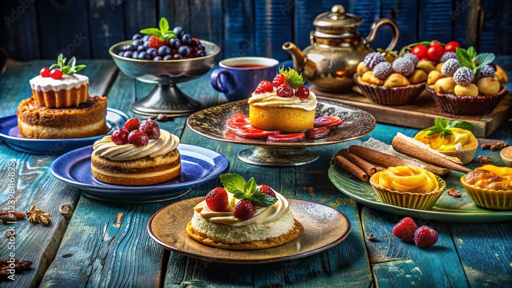 Naklejka premium Rustic Homemade Desserts on Vintage Dishes