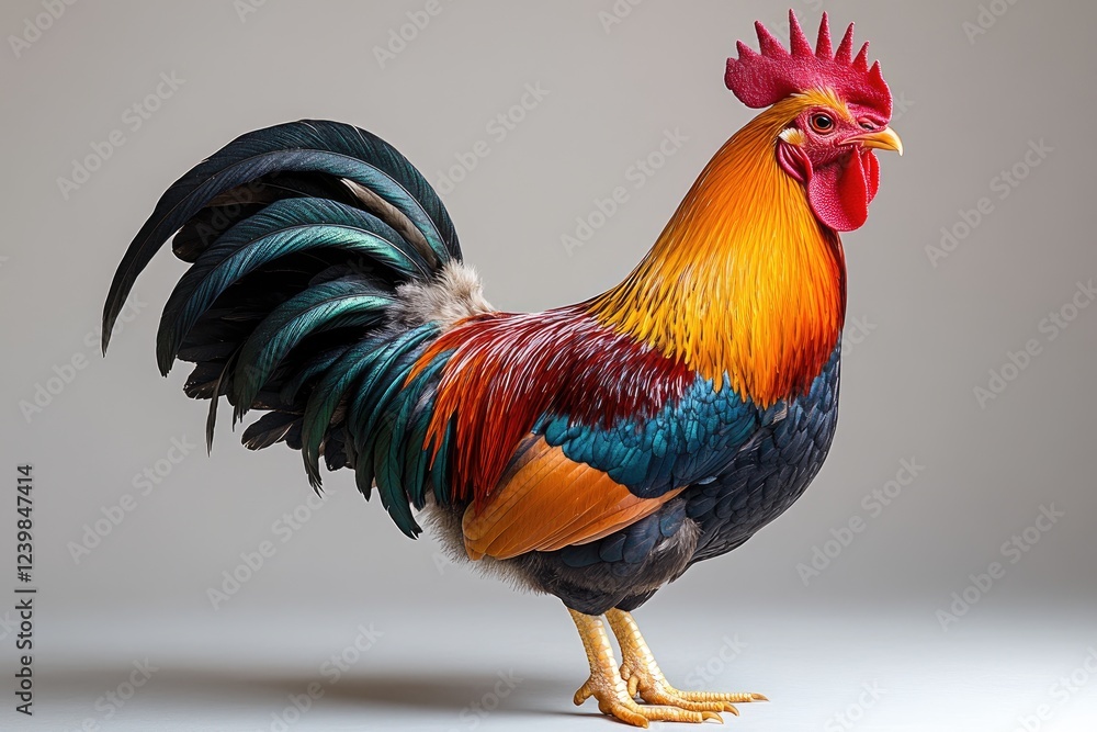 Fototapeta premium A Vibrant Rooster Displays Its Colorful Plumage
