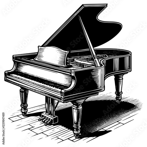 Grand piano engraving black and white outline. Scratch board imitation.  illustrated in vintage line art style on a white background.
