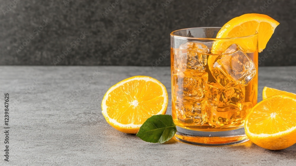 A refreshing drink with ice and orange slices on a textured surface. A refreshing drink with ice and orange slices on a textured surface.