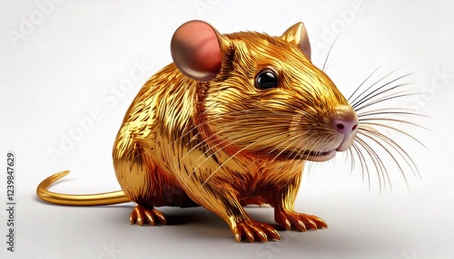 A realistic golden mouse with shiny fur and prominent whiskers, showcasing unique features. photo