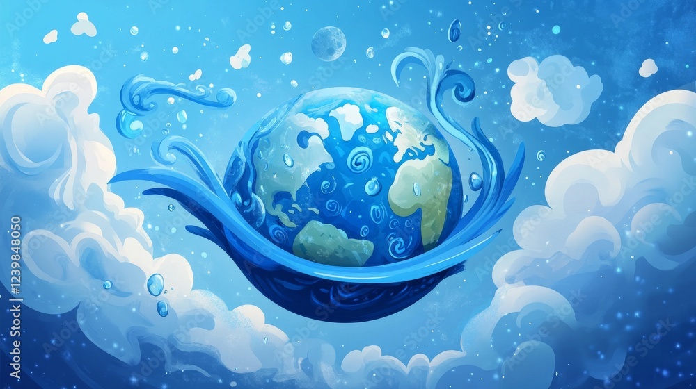 Obraz premium 46.A dynamic cartoon illustration of a happy blue Earth, its surface covered in miniature water-themed designs. The Earth is encircled by a flowing blue ribbon, with a backdrop of soft clouds and