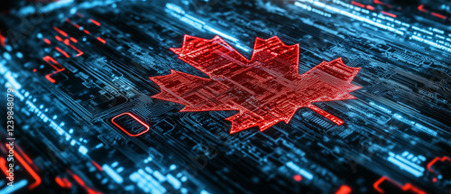 A glowing red maple leaf, symbolizing Canada, is integrated into a futuristic blue and red circuit board, representing technology and innovation.