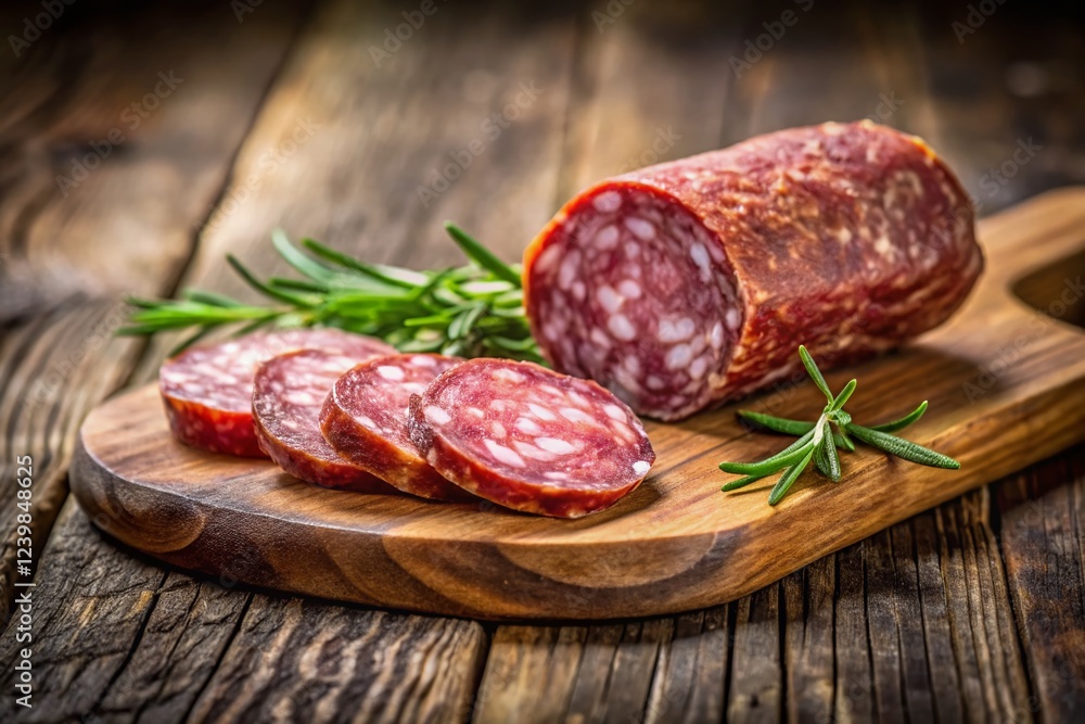 Salame Cured Meat on Rustic Wooden Board Salame Cured Meat on Rustic Wooden Board
