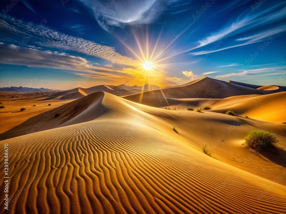 Naklejka premium Sand Dunes and Sunlight Shadow Contrast Sunrise Landscape